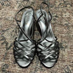 Lauren Ralph Lauren leather upper silver strappy Sling back sandals sz 8B